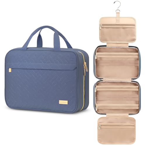 Hanging Travel Toiletry Bag, Large Capacity Cosmetic Organizer for Full-size Bottle with 4 Compartment for Daily Use - color: Navy Blue