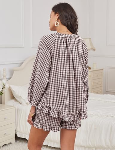 COZYPOIN Womens Gingham Pajama Set 2 Piece 100% Cotton Ruffle Lounge Set - color: Coffee, size: Medium