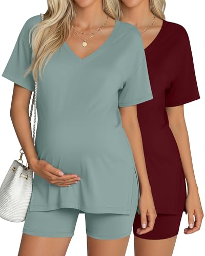 2 Pack Women Maternity Set Pregnancy Outfit - color: Pea Green, Wine Red, size: Medium