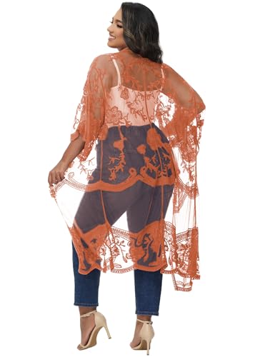 Anna-Kaci Women's Plus Size Lace Cardigan Embroidered Long Kimono Dusters with Half Sleeves - color: Rustic Orange, size: X-Large-XX-Large