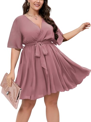 SCOMCHIC Women's Plus Size Wrap Summer Mini Dress - color: Dusty Pink, size: X-Large Plus