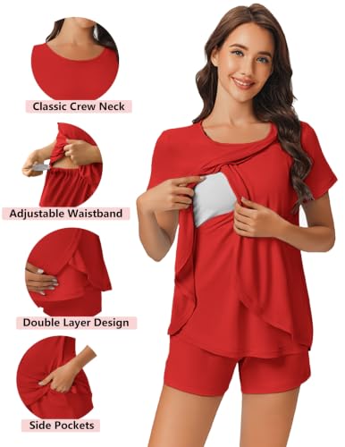 Ekouaer 3 PCS Maternity Nursing Pajamas Set Postpartum Breastfeeding PJS - color: Classic Red, size: Small