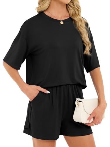 Women's 2 Piece Short Sets Loose Lounge Sets Summer Matching Sets - color: Black, size: Small