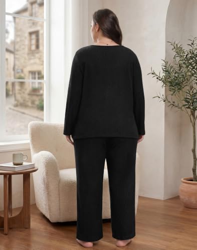 Plus Size Pajama Set for Women Long Sleeve Loose Fit Loungewear - color: Black, size: 4X-Large Plus