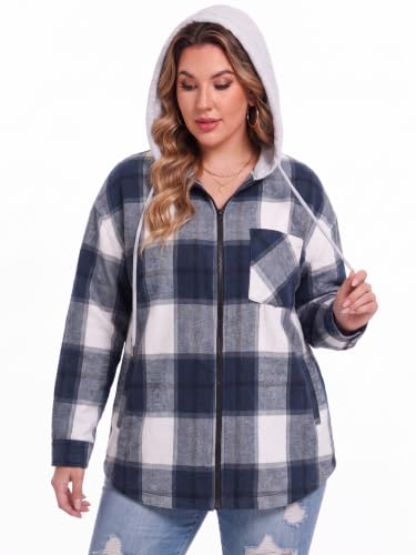 OLRIK Women's Plus Size Hooded Flannel Shacket Zip Up Jacket - color: Beige Blue, size: 4X