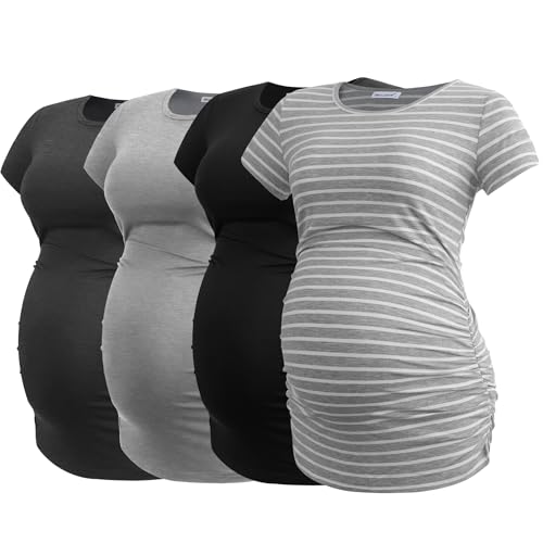Smallshow Women's 4 Pack Maternity Shirts Short Sleeve Pregnancy Tops Clothes - color: Black-deep Grey-light Grey-light Grey Stripe(4 Pack), size: Medium