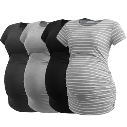Smallshow Women's 4 Pack Maternity Shirts Short Sleeve Pregnancy Tops Clothes - color: Black-deep Grey-light Grey-light Grey Stripe(4 Pack), size: X-Large