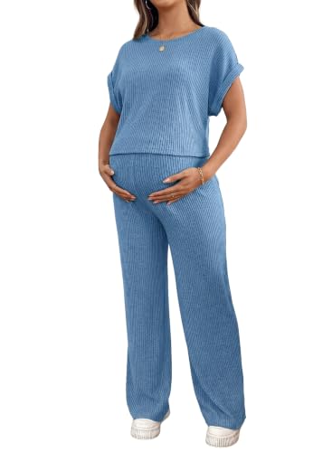 BLENCOT Maternity Sets Summer Ribbed Knit Pajamas Outfits - color: Blue, size: X-Large