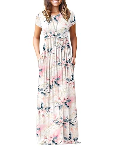 MISFAY Women's Short Sleeve Maxi Dresses Long Casual Dresses with Pockets - color: 2 White Pink Flower, size: XX-Large