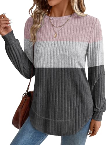 OFEEFAN Womens Sweaters Crew Neck Tunic Tops Long Sleeve Shirts Curved Hem - color: Pink Grey, size: 3X-Large