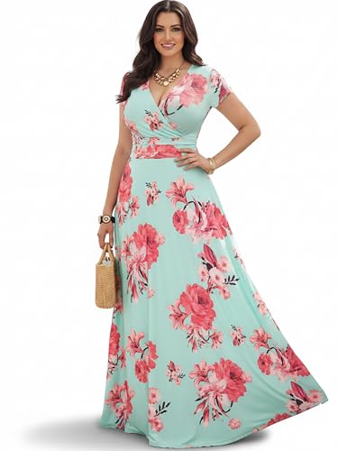 KOH KOH Womens Long Modest Floor Length Flowing Summer Print Maxi Dress - color: Light Green & Pink, size: Medium