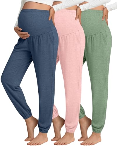 3 Pack Women's Maternity Jogger Pregnancy Sweatpants - color: Gray Blue, Light Pink, Light Green, size: XX-Large