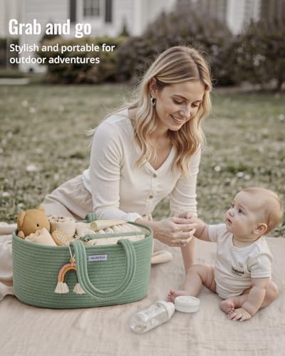Blissful Diary Diaper Caddy Organizer, Woven Cotton Rope, Green - color: Oval Green