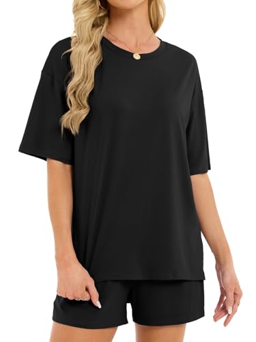 Women's 2 Piece Short Sets Loose Lounge Sets Summer Matching Sets - color: Black, size: X-Large