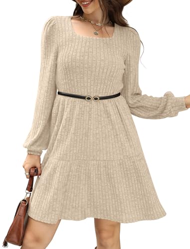 Sampeel Womens Square Neck Long Sleeve Fall Dresses Casual Babydoll Sweater Dress - color: Apricot, size: Medium