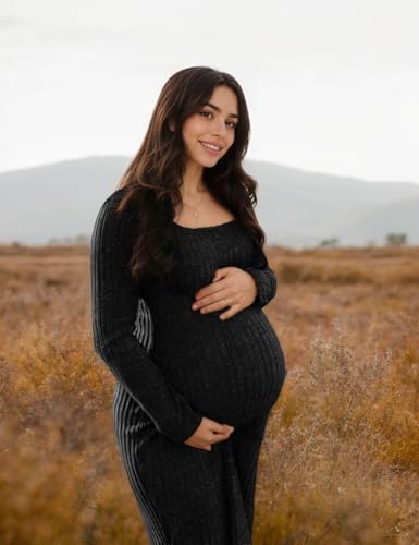 LAHILO Long Sleeve Knit Ribbed Maternity Sweater Dress for Fall Winter - color: Black, size: Small