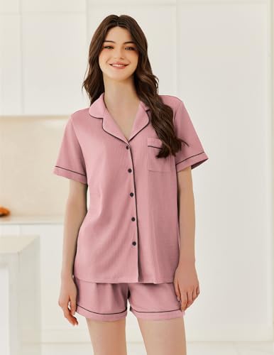 Ekouaer Womens Waffle Knit Pajama Sets Soft Short Sleeve Button Up Pjs - color: Old Rose, size: Medium