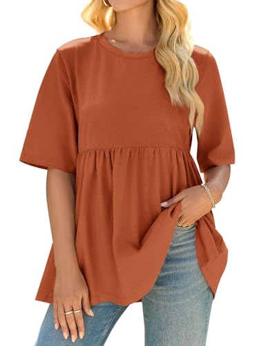 Cicy Bell Womens Babydoll Tops Plus Size Tunic Summer Flowy Peplum Shirts - color: Brick Red, size: Medium