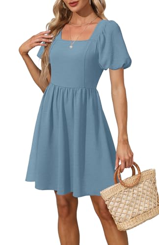OFEEFAN Women Puff Sleeve Square Neck Tie in Back Dresses with Zipper - color: Dusty Blue, size: X-Small