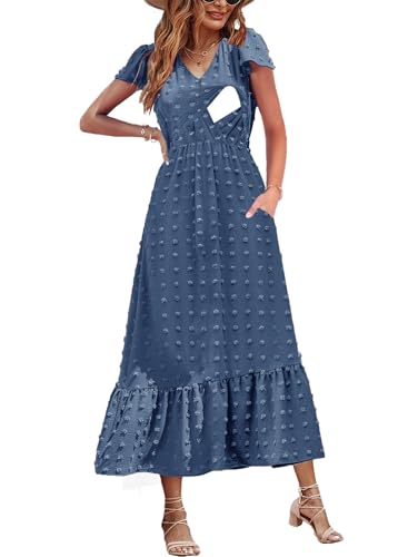 CzzzyL Women Nursing Dresses Cap Short Sleeve V Neck Swiss Dot with Pockets - color: Blue, size: Small