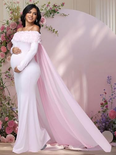 Maternity Mesh Off Shoulder Chiffon Cloak Maxi Photoshoot Dress - color: Pink-long Sleeve, size: X-Large