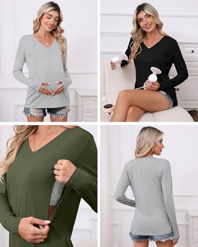 Huukeay 3 Pack Maternity Nursing Tops Breastfeeding Shirts - color: Black, Light Gray, Army Green, size: X-Large