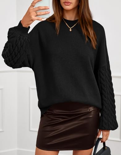 PRETTYGARDEN Womens Fall Sweaters 2025 Cable Knit Long Sleeve Crewneck Casual Chunky Pullover Oversized Sweater Outfits - color: Black, size: Small