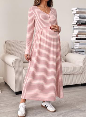 BLENCOT Maternity Dress V Neck Long Sleeve Striped Button Down Maxi Dresses - color: Pink, size: Medium