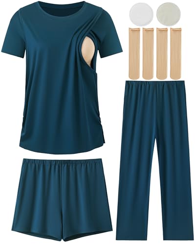 DANSHOW Women Nursing Pajamas Set Breastfeeding Loungewear - color: Navy, size: Large