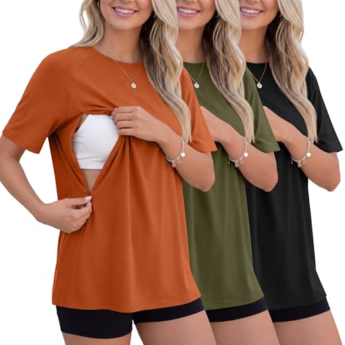3 Pack Women's Oversized Nursing Tops - color: Orange, Army Green, Light Khaki, size: XX-Large