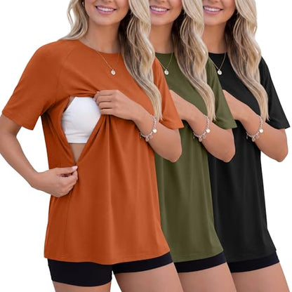 3 Pack Women's Oversized Nursing Tops - color: Orange, Army Green, Light Khaki, size: XX-Large