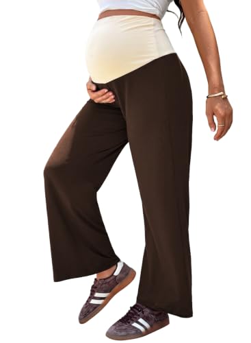BLENCOT Women's Maternity Pants Wide Leg Over The Belly Pregnancy Pants - color: Brown, size: Small
