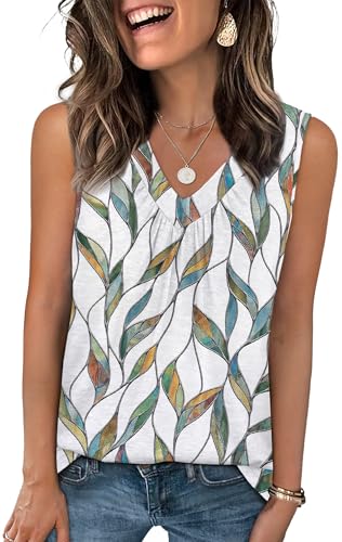 OFEEFAN Tank Top for Women Loose Fit Sleeveless Shirts V Neck Summer Clothes Ruched Women's Tees and Tanks Curved Hem - color: Patterned-white Print, size: Small