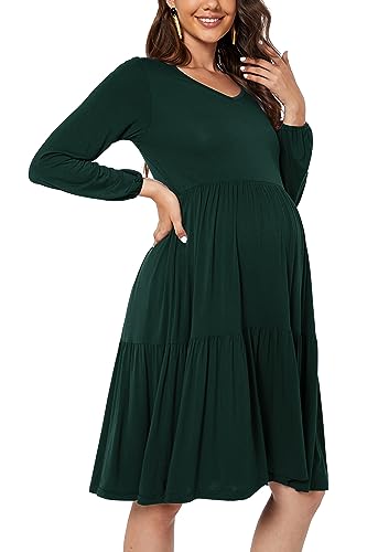Smallshow Women's Maternity Dress Ruffle Long Sleeve Pregnancy Clothes - color: Deep Green, size: Small