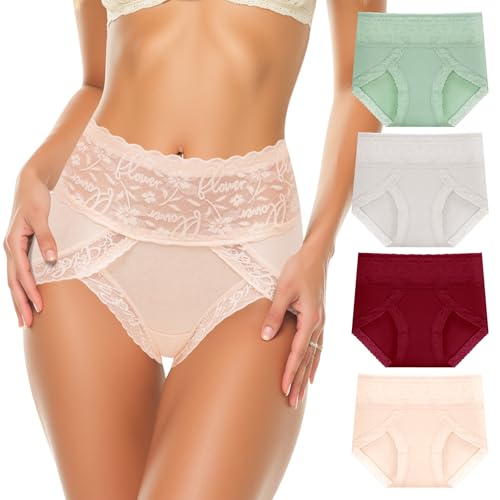Womens High Waist Underwear Nylon Lace Panties Soft Breathable Ladies Hipster Panty Full Coverage Briefs 4 Pack