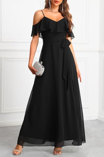 Formal Dresses Off the Shoulder Chiffon A-Line Long Dress Split Women - color: Black, size: Medium