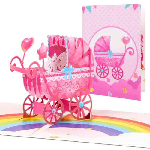 Pink Stroller New Baby Pop Up Cards, Baby Girl Card - style: Pink Rainbow Baby Carriage