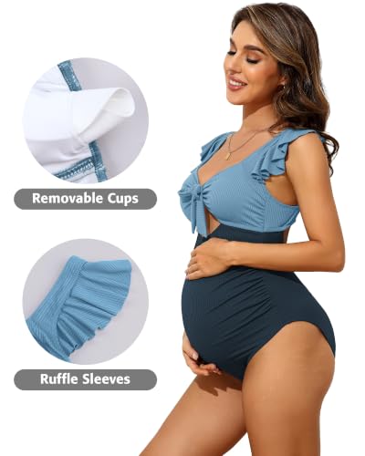 Charmo Ruffle Maternity Bathing Suits Ribbed Tie Knot Pregnancy Swimsuit - color: Blue Splicing, size: Medium