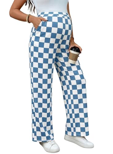 BLENCOT Womens Casual Checkered Pants for Maternity Elastic Waist Wide Leg Pants Grid Pregnant Trousers with Pockets - color: Blue White, size: Medium