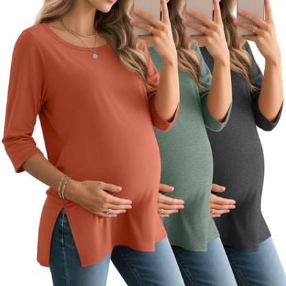 3 Pack Women's 3/4 Sleeve Maternity Loose Crewneck Tops - color: Caramel, Green, Dark Gray, size: Large