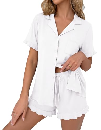 Ekouaer Pajamas Set for Women Button Down Pjs Lounge Sets Ruffle Sleepwear - color: White, size: Small
