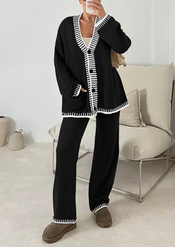 PRETTYGARDEN Women's Fall 2 Piece Knit Sweater Lounge Set - color: Black, size: Small