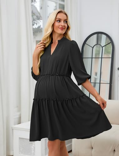 Angashion Women's Maternity Nursing Dress: V-Neck Hidden Zipper Pockets - color: Black, size: Medium