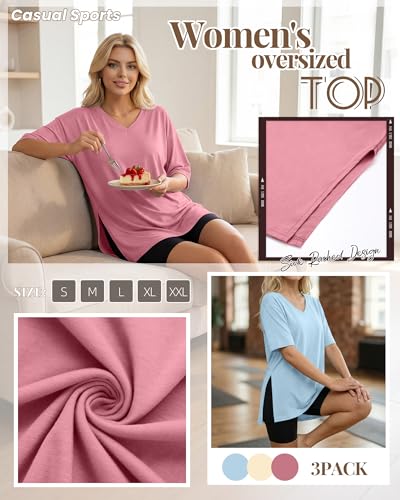 Huukeay 3 Pack Oversized Shirts for Women V Neck - color: Bean Paste Pink, Apricot, Light Blue, size: Large