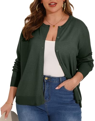OLRIK Plus Size Long Sleeve Crewneck Cardigan Classic Fall Knit - color: Army Green, size: 3X