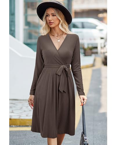 Newshows Women's Sweater Pockets Belted Fall Teacher Business Casual Dress - color: Coffee Brown, size: Medium