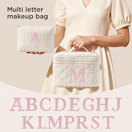 HBselect 2Pcs Initial Makeup Bag Personalized Quilted Cosmetic Bag - color: 2Pcs Pinkflower, style: B