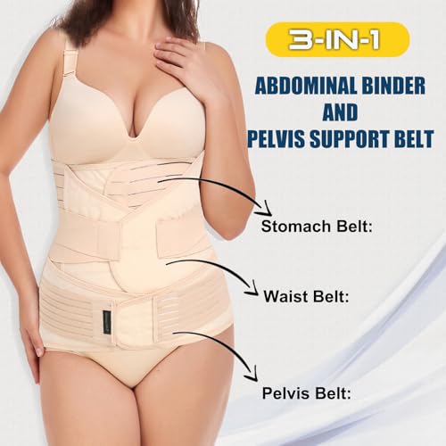 ChongErfei 3 in 1 Postpartum Belly Wrap Recovery Band Belt Abdominal Binder - color: Beige, size: X-Large