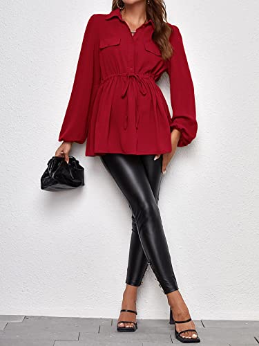MakeMeChic Women's Maternity Blouse Long Sleeve Belted Button Down Tops - color: Burgundy, size: Small
