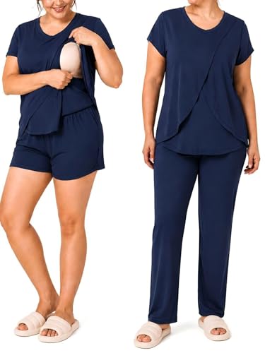 Rnxrbb 3 PCS Women Nursing Pajamas Set Postpartum Maternity Pj with Pockets - color: Navy, size: Small